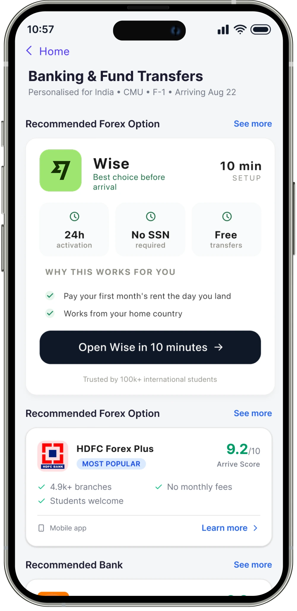 Arrive banking screen